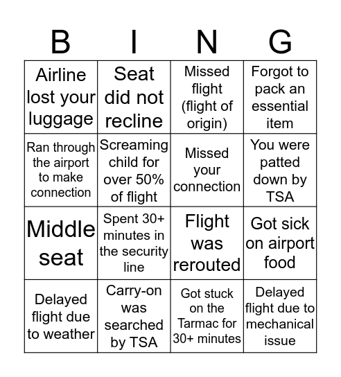 Travel Headaches Bingo Card