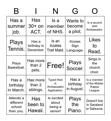Junior Ambassador "Get Acquainted" Bingo Card