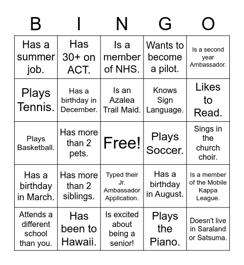 Junior Ambassador "Get Acquainted" Bingo Card