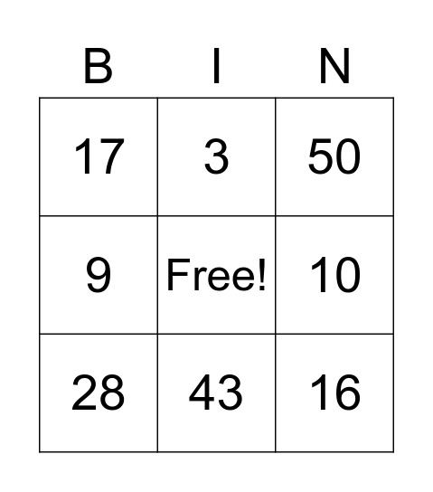 NUMBERS Bingo Card