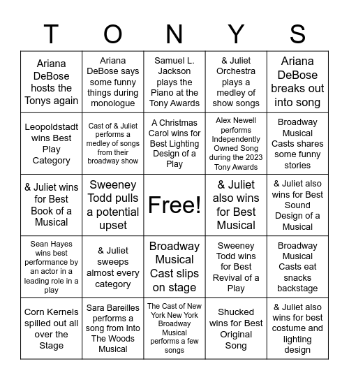 2023 Tony Awards Bingo Card