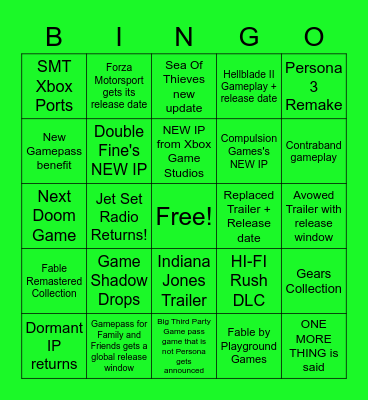 Xbox Games Showcase 2023 Predictions Bingo Card