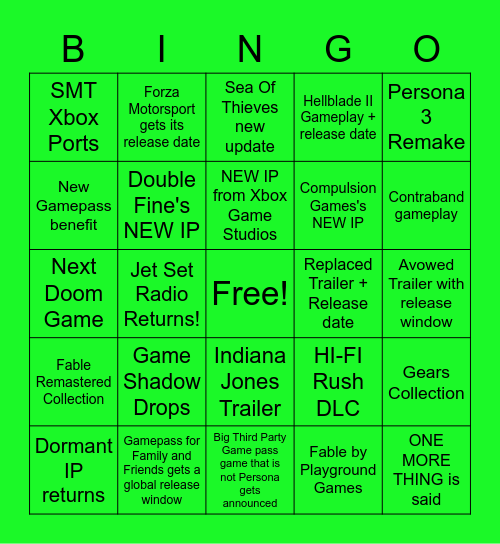 Xbox Games Showcase 2023 Predictions Bingo Card