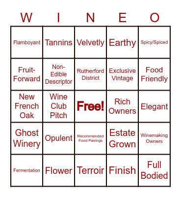 Wine-O Bingo Card