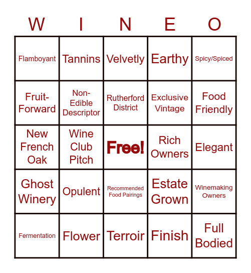 Wine-O Bingo Card