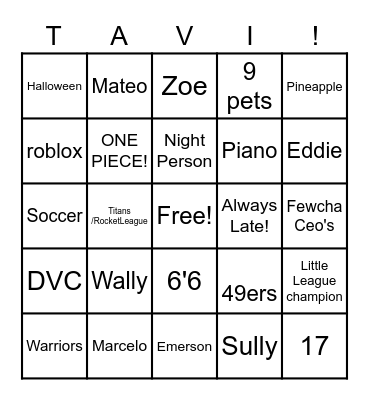 Tavi's Bingo Card