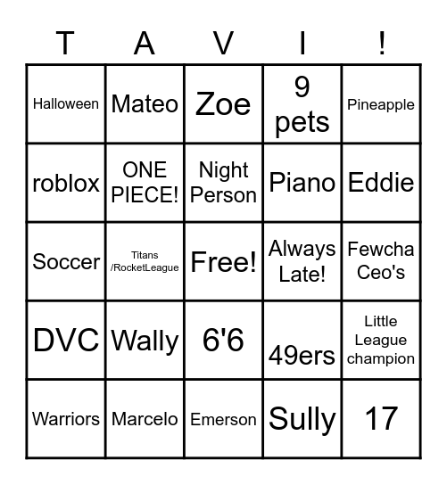 Tavi's Bingo Card