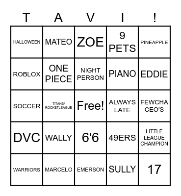 tavi's bingo Card