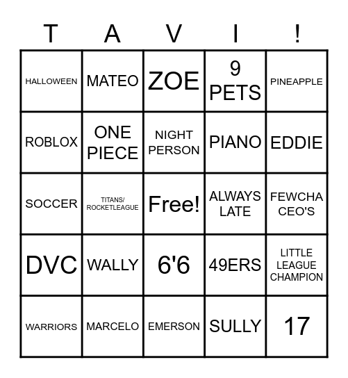 tavi's bingo Card