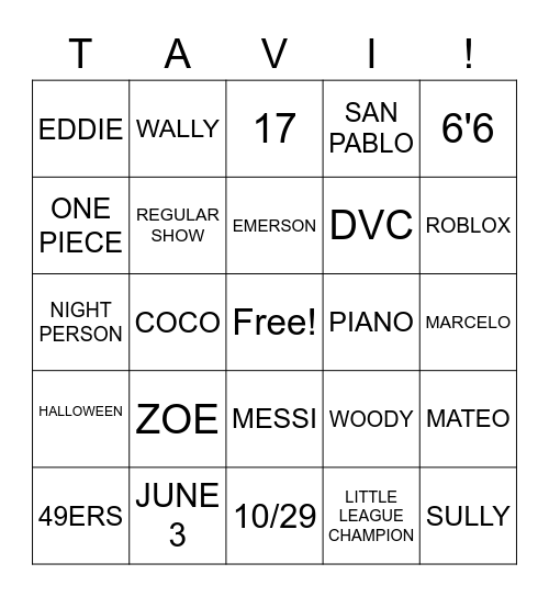 TAVI WAVI BINGO Card