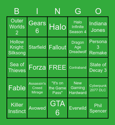 Xbox Showcase 2023 Bingo Card