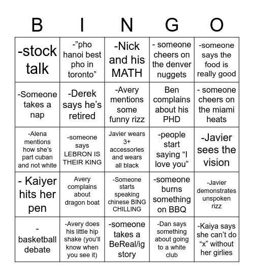 Derek 23 Party Bingo Card
