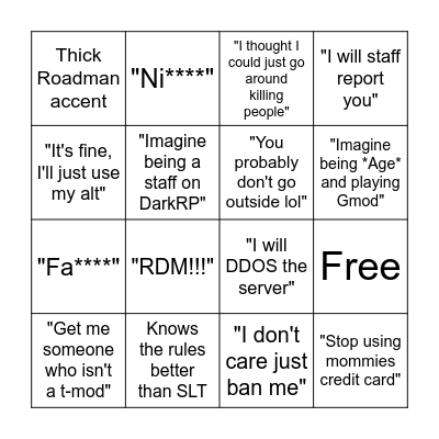 Gmod Rule Breaker Bingo Card