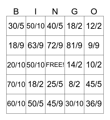 Division 2, 5, 9 & 10 Bingo Card