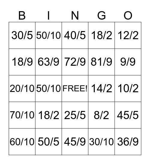 Division 2, 5, 9 & 10 Bingo Card