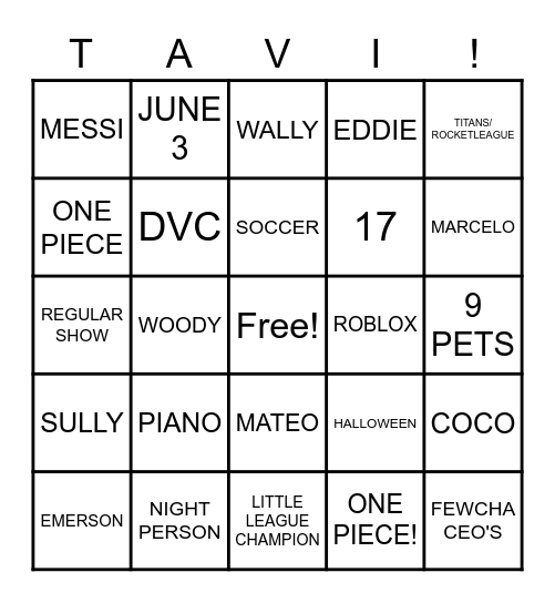 TAVI WAVI BINGO Card