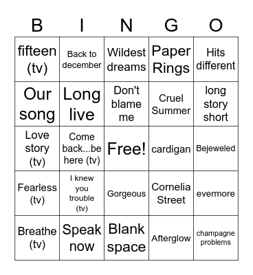 Taylor Swift BINGO Card