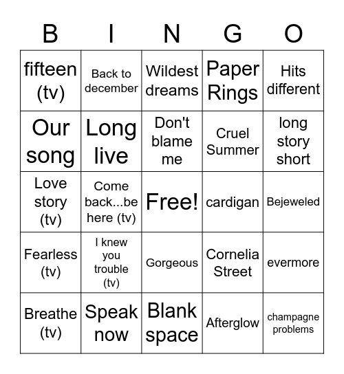 Taylor Swift BINGO Card