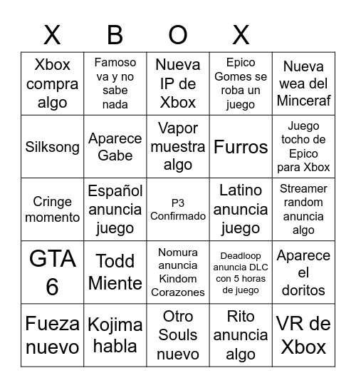Xbox conferencias Bingo Card