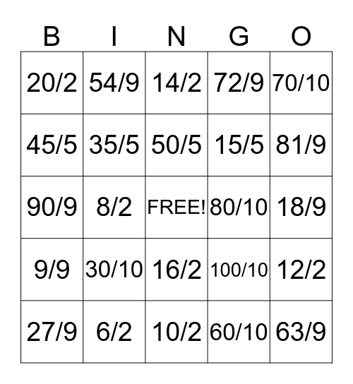 Division 2, 5, 9, & 10 Bingo Card
