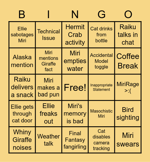 Miridae's "Everyday Happenings" Bingo Card