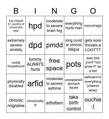 phys/ment illnesses bingo Card
