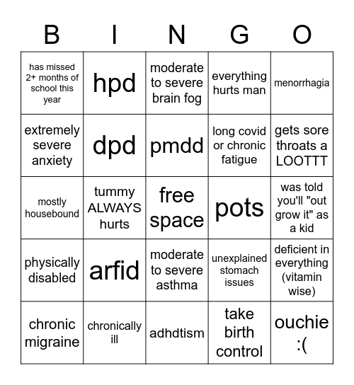 Phys ment Illnesses Bingo Card Phys ment Illnesses Bingo Card