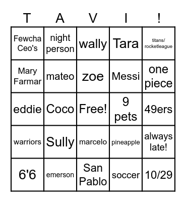 tavi wavi Bingo Card