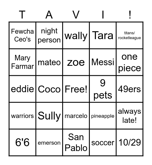 tavi wavi Bingo Card