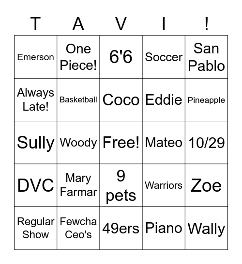 Tavi Wavi Bingo Card