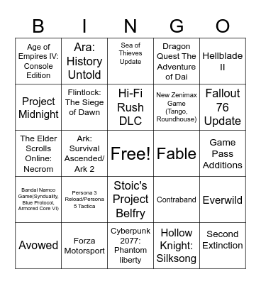 Xbox Showcase 2023 Bingo Card