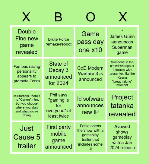 Xbox Showcase 2023 Bingo Card