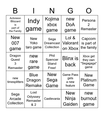 Xbox GAMING card Bingo Card