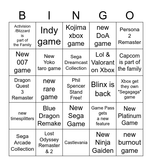 Xbox GAMING card Bingo Card