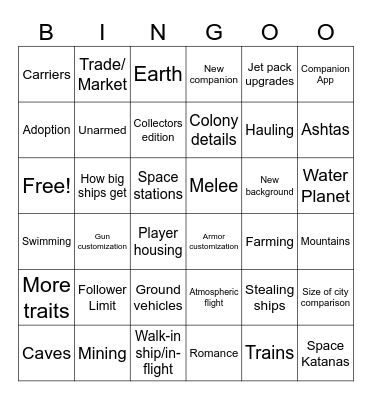 Starfield Bingo Card