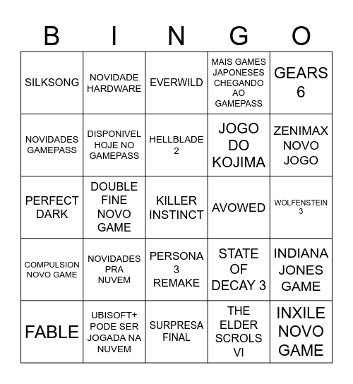 XBOX SHOWCASE Bingo Card