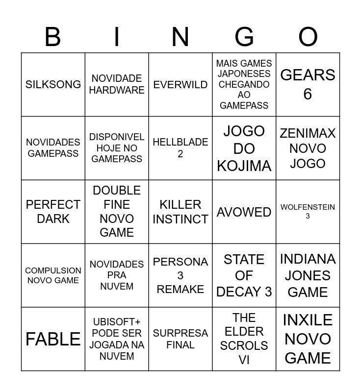 XBOX SHOWCASE Bingo Card