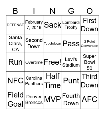 SUPER BOWL BINGO Card