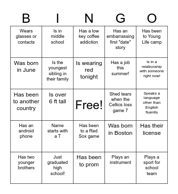 Young Life Boston Bingo Card