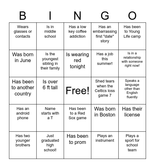 Young Life Boston Bingo Card