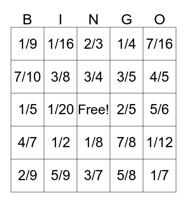 Fraction Bingo Card