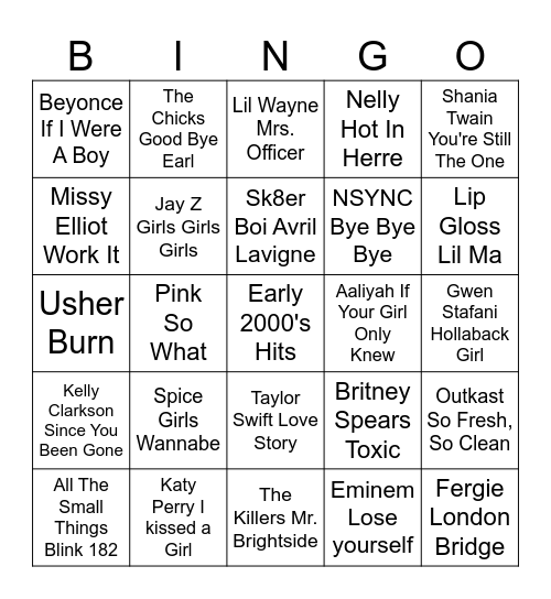 2000's Hits Bingo Card