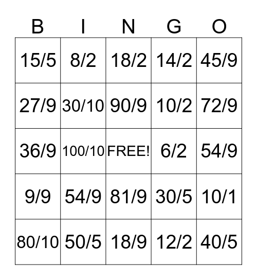 Division 2, 5, 9, & 10 Bingo Card