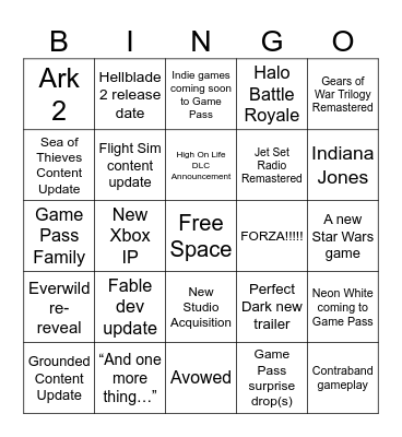 Xbox Showcase Bingo Card