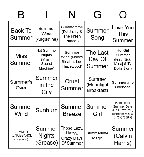 Summer Lovin' Bingo Part 1 Bingo Card