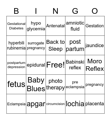 Post-partum and Newborn Bingo Card