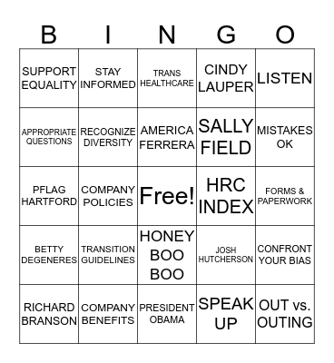 PFLAG Hartford Ally Bingo Card