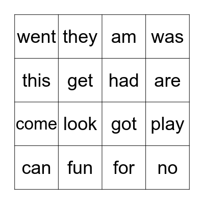 Sight Word Bingo Card