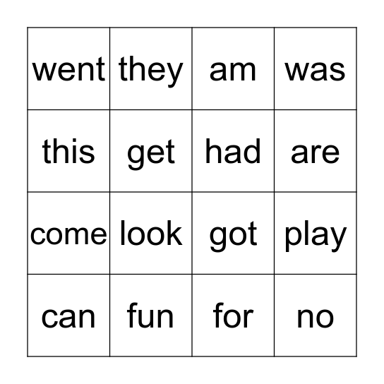 Sight Word Bingo Card