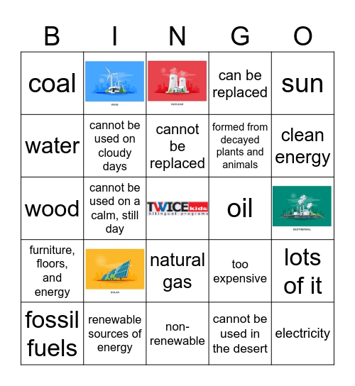Sources of Energy Bingo Card